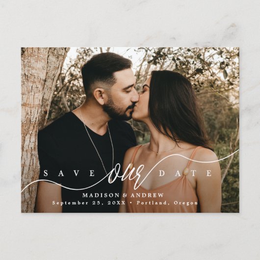 フローリッシングスクリプト写真付きSave the Date 案内ポストカード (正面)