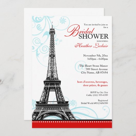 フローリモダンッシュエッフェルタワーパリジャンブライダルシャワー 招待状 (正面/裏面)