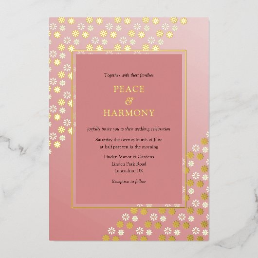 フローレスドリーム金ゴールドフローラピンク結婚ズ 箔招待状 (正面)