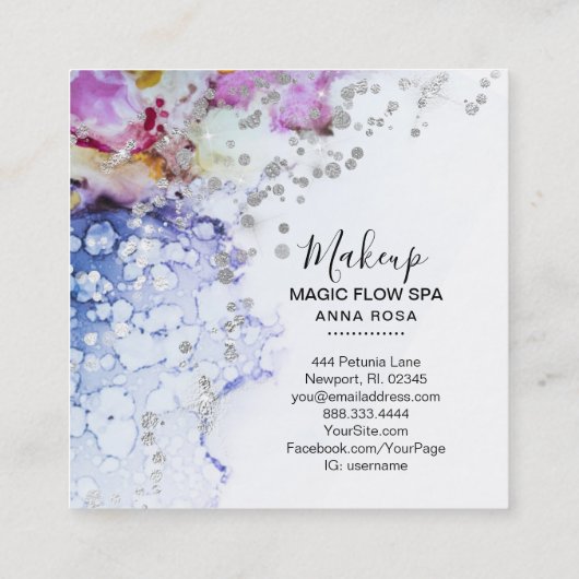 *~*フロー水色の青オーガニック色の抽象芸術グリッター スクエア名刺 (裏面)