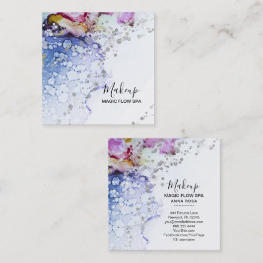 *~*フロー水色の青オーガニック色の抽象芸術グリッター スクエア名刺 (正面/裏面)