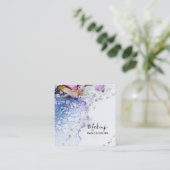 *~*フロー水色の青オーガニック色の抽象芸術グリッター スクエア名刺 (スタンド正面)