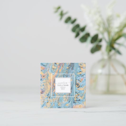 フロー絵を描抽象芸術テクスチャティール(緑がかった色)/黄色ID796 スクエア名刺 (スタンド正面)