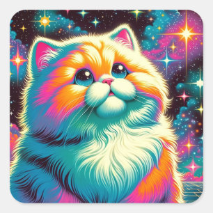 フワフワのオレンジピンク猫宇宙 スクエアシール