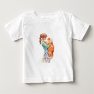 フワフワのオレンジ色のメインクーン猫を抱く女性 ベビーTシャツ