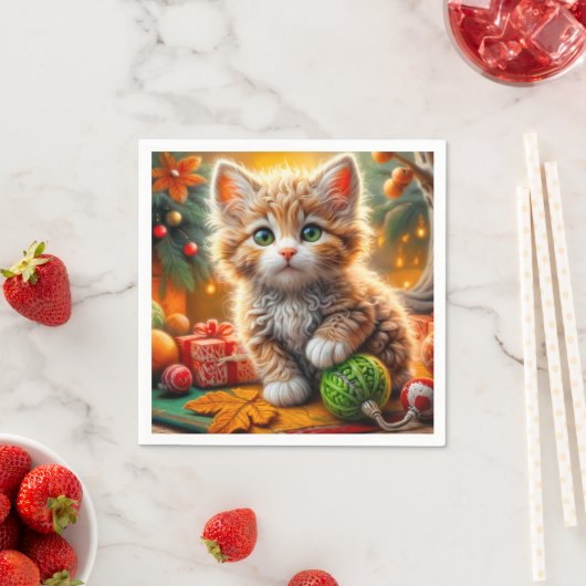 フワフワのクリスマスの子猫 スタンダードカクテルナプキン (インサイチュ)