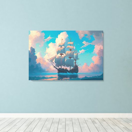 フワフワのパステルクラウドで航行する海賊船 キャンバスプリント (インサイチュ (ウッドフロア))