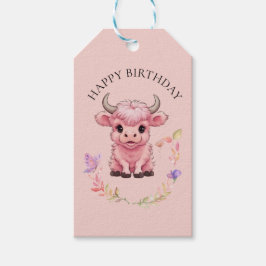 フワフワのピンクの高地スコティッシュカウズ ギフトタグ