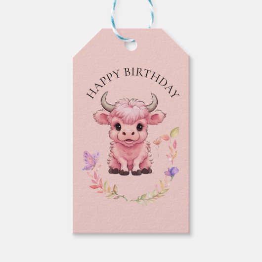 フワフワのピンクの高地スコティッシュカウズ ギフトタグ (正面)