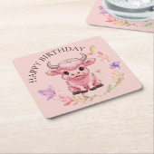 フワフワのピンクの高地スコティッシュカウズ スクエアペーパーコースター (アングル)