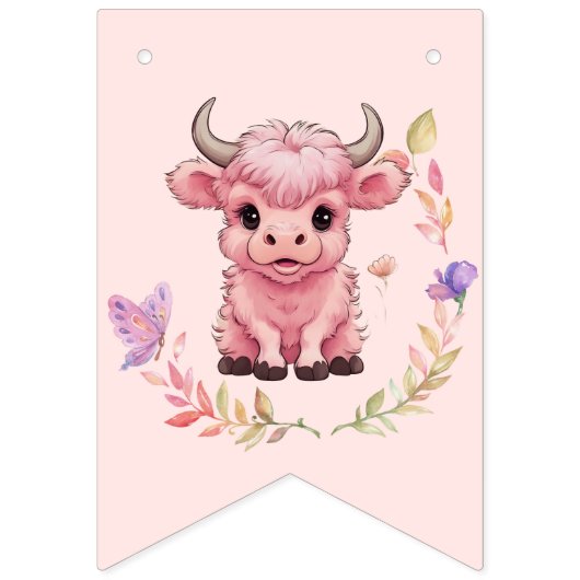 フワフワのピンクの高地スコティッシュカウズ バンティングフラッグ (第1の旗)