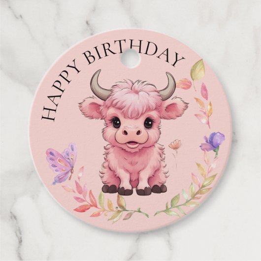 フワフワのピンクの高地スコティッシュカウズ フェイバータグ (正面)