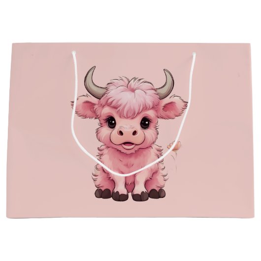 フワフワのピンクの高地スコティッシュカウズ ラージペーパーバッグ (正面)