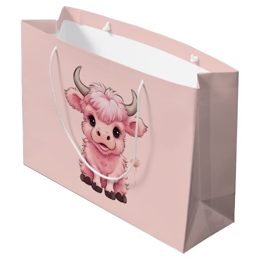 フワフワのピンクの高地スコティッシュカウズ ラージペーパーバッグ (裏面アングル)