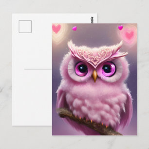フワフワのピンクフクロウハート ポストカード