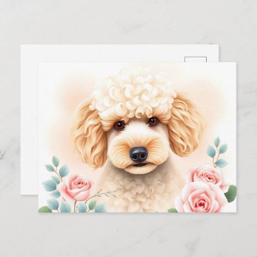 フワフワのベージュプードルの水彩ポートレート ポストカード (正面/裏面)