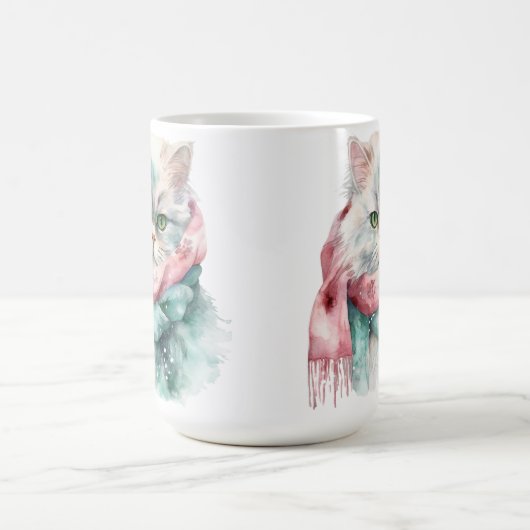 フワフワの冬猫グリーン&ブルーハットスカーフ モーフィングマグカップ (中央)