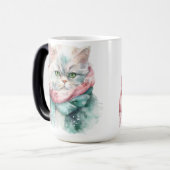 フワフワの冬猫グリーン&ブルーハットスカーフ モーフィングマグカップ (正面左)