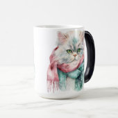 フワフワの冬猫グリーン&ブルーハットスカーフ モーフィングマグカップ (正面右)