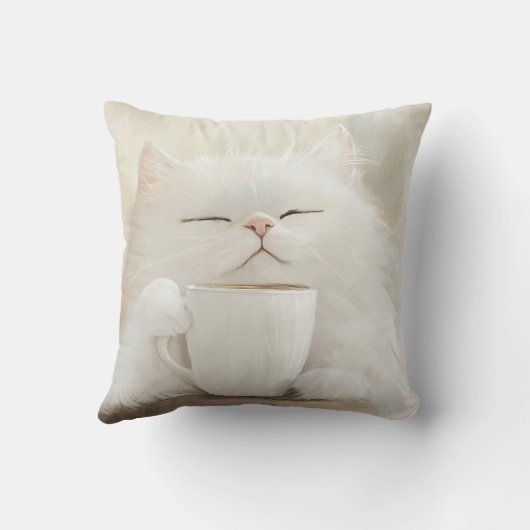 フワフワの白猫コーヒーを飲む – コージーお洒落 クッション (裏面)