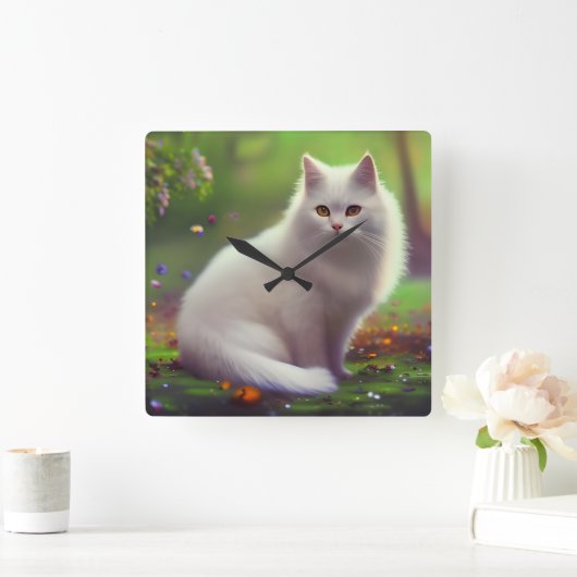 フワフワの美しい白猫 スクエア壁時計 (ホーム)