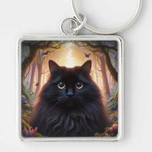 フワフワの美しい黒猫と金ゴールド眼 キーホルダー (正面)