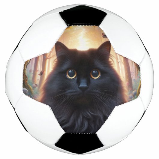 フワフワの美しい黒猫と金ゴールド眼 サッカーボール (正面)