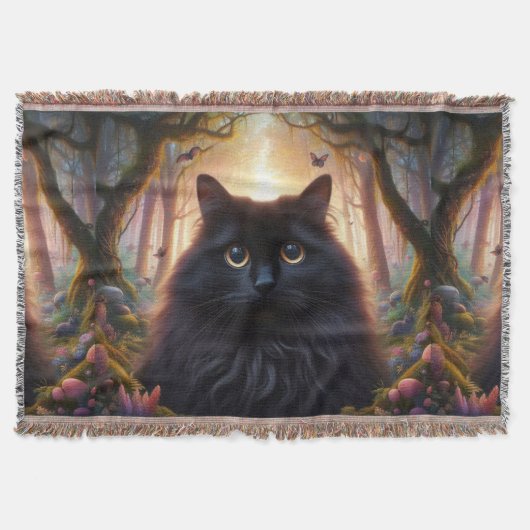 フワフワの美しい黒猫と金ゴールド眼 スローブランケット (正面)