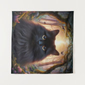 フワフワの美しい黒猫と金ゴールド眼 タペストリー (正面(横))