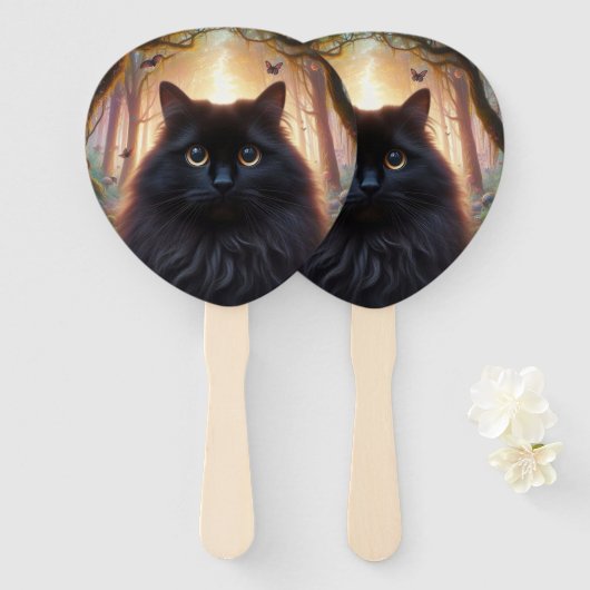 フワフワの美しい黒猫と金ゴールド眼 ハンドファン (正面&裏面)