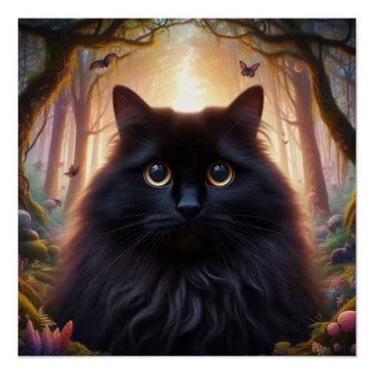 フワフワの美しい黒猫と金ゴールド眼 ポスター (正面)