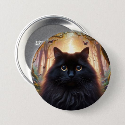 フワフワの美しい黒猫と金ゴールド眼 缶バッジ (正面&裏面)