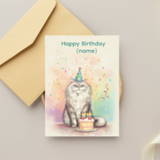 フワフワの誕生日猫 – パーティー帽の猫とケーキ ポストカード