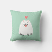 フワフワ白ポメラニア犬とバレンタインハート クッション (正面)