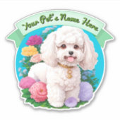 フワフワBichon Frise,緑のリボン,花のまわりに シール (正面)