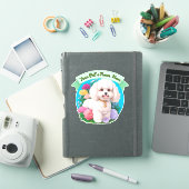 フワフワBichon Frise,緑のリボン,花のまわりに シール (iPadカバー)