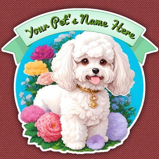フワフワBichon Frise,緑のリボン,花のまわりに シール
