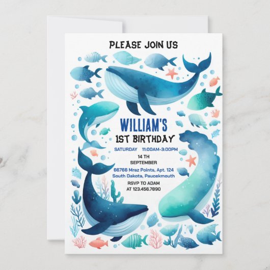 フーズクールフィッシュシーブルーホエールシャーク1st誕生日 招待状 (正面)
