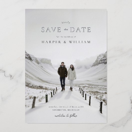 フート冬の結婚式の日付を保存 箔招待状 (正面)