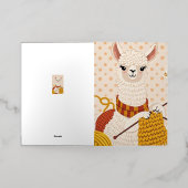 フードのついたマフラーを巻いた漫画のらくだ 箔グリーティングカード (外側レイダウン)