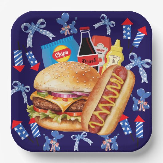 フードオンプレート赤白と青の紙プレート ペーパープレート (正面)