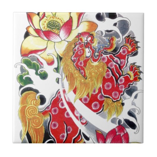 フードッグ&ロータスタトゥーデザイン タイル (正面)