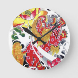 フードッグ&ロータスタトゥーデザイン ラウンド壁時計