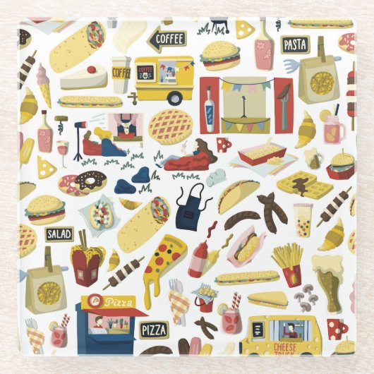 フードトラックフェスト：漫画のパターン ガラスコースター (正面)