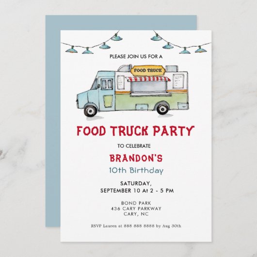 フードトラック子供の誕生日パーティの招待状 案内状 (正面/裏面)