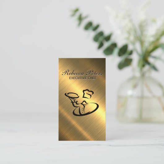 フードロゴを提供するシェフ |メタリック金ゴールド 名刺 (スタンド正面)