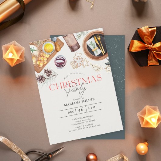 フードワモダンインクリスマスグリーンホリデーパーティー 招待状