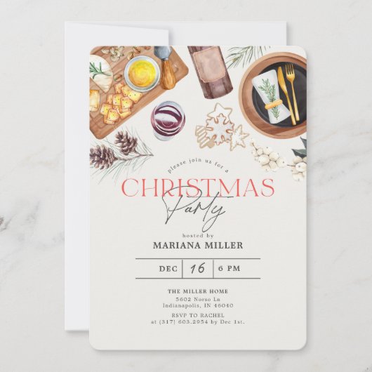 フードワモダンインクリスマスグリーンホリデーパーティー 招待状 (正面)