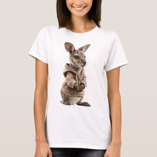 フード付きパーカーを着たかわいいカンガルーの赤ちゃん Tシャツ (正面)