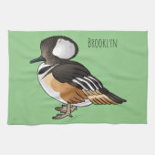 フード付きメルガンザー鳥の漫画イラストレーション キッチンタオル (横)